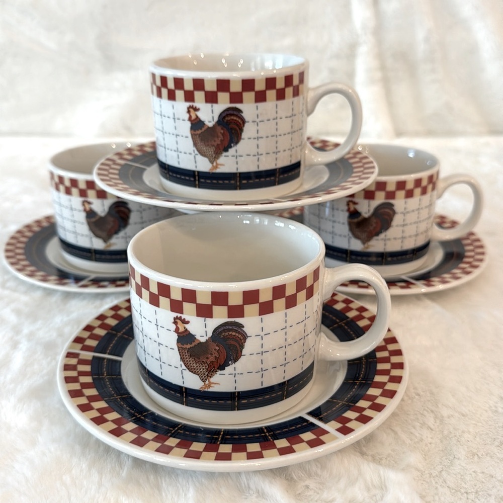 Majesticware Stoneware by Oneida, Calico Rooster Mug & Saucer, Set of 4, 8oz